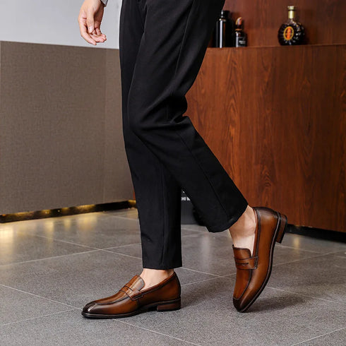 Elegant Genuine Leather Slip-On Oxford Loafers for Men - Formal and Casual Dress Shoes for Office & Career with Pointed Toe Design